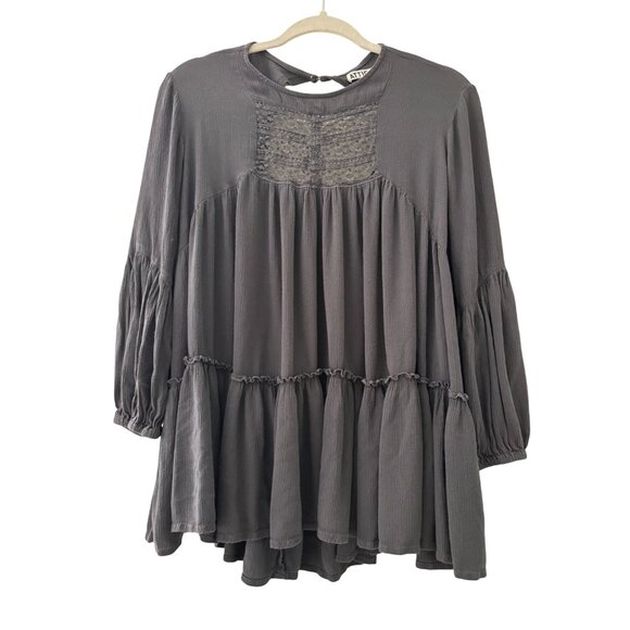 Attic Salt Womens Boho Crochet Pleated Tunic Blouse Size M Gray Rayon Flowy - Picture 11 of 15
